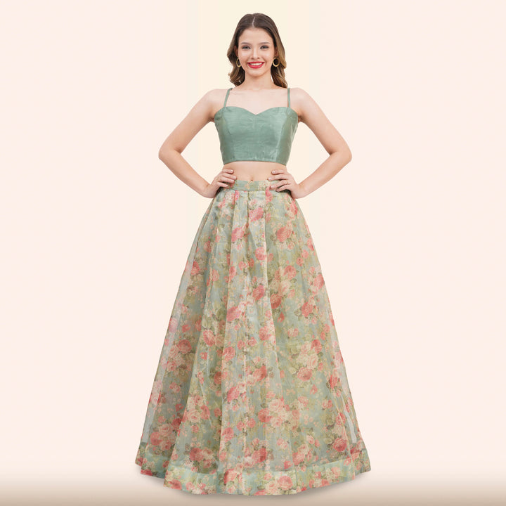 Sage Green Floral  Lehenga with Dupatta from Chiros by Jigyasa