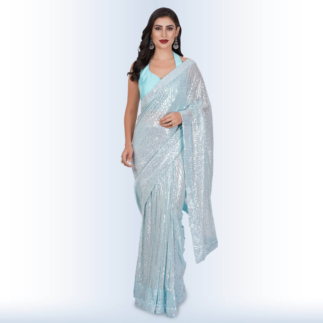 1 Minute Sequin Saree - Baby Blue