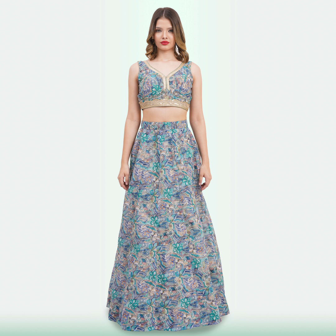 Vibrant Floral Lehenga Choli & Ruffle Dupatta