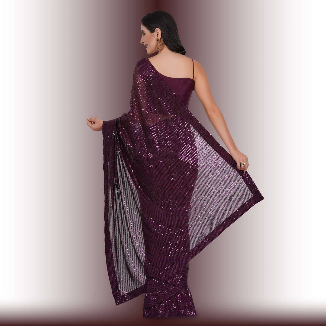 Sequin Work One Minute Saree - Wine
