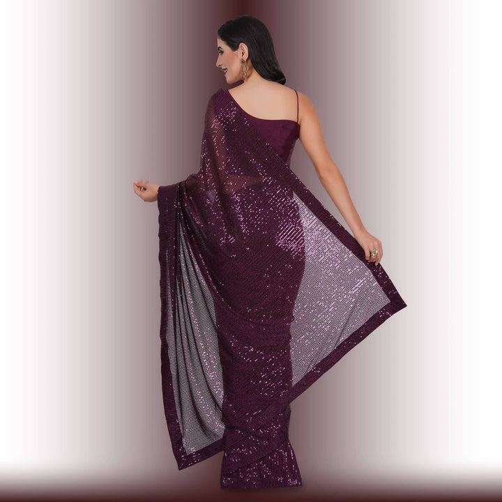 Sequin Work One Minute Saree - Wine