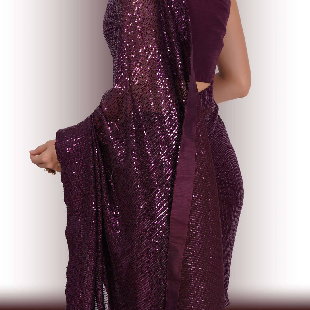Sequin Work One Minute Saree - Wine