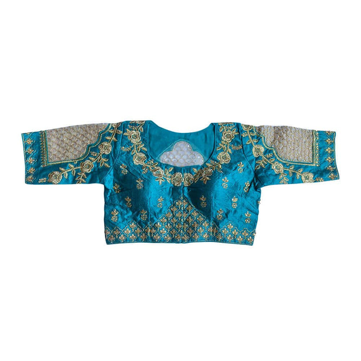 Readymade Saree Blouse with Scallop shaped net Embroidery  - Teal