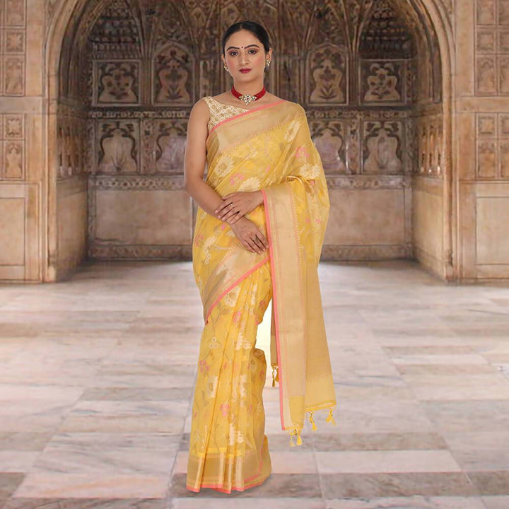 Banaras Kota Tilfi Jaal work Indian sari - Yello