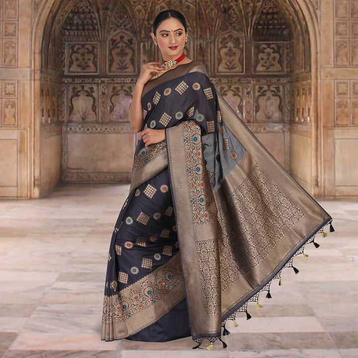 Malai Silk black banarasi saree with Meena booti