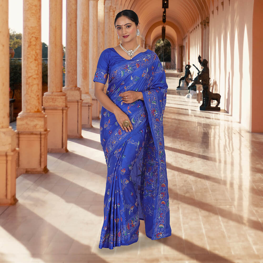 Blue Bangalore silk Sari with multi color  Kantha hand embroidery
