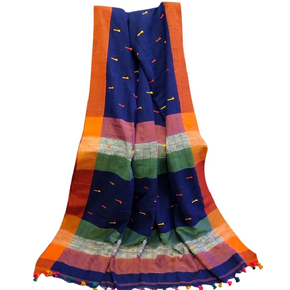 Cotton handloom saree with pompom - Navy Blue 