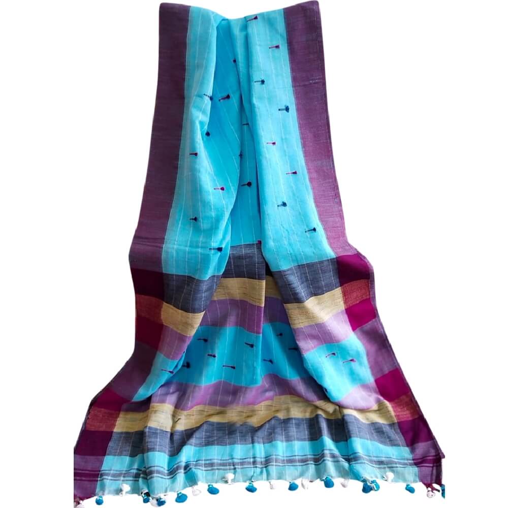 Cotton handloom saree with pompom - Light Blue