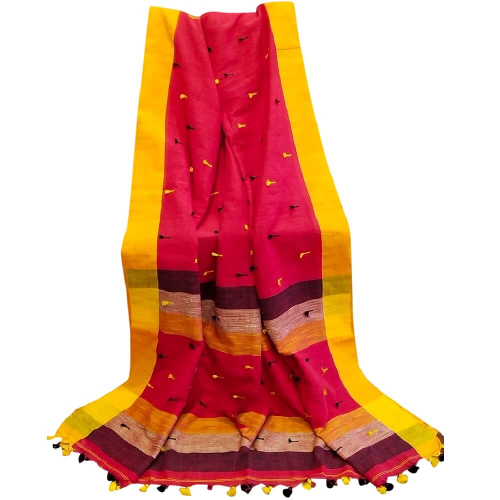 Cotton handloom saree with pompom - Red