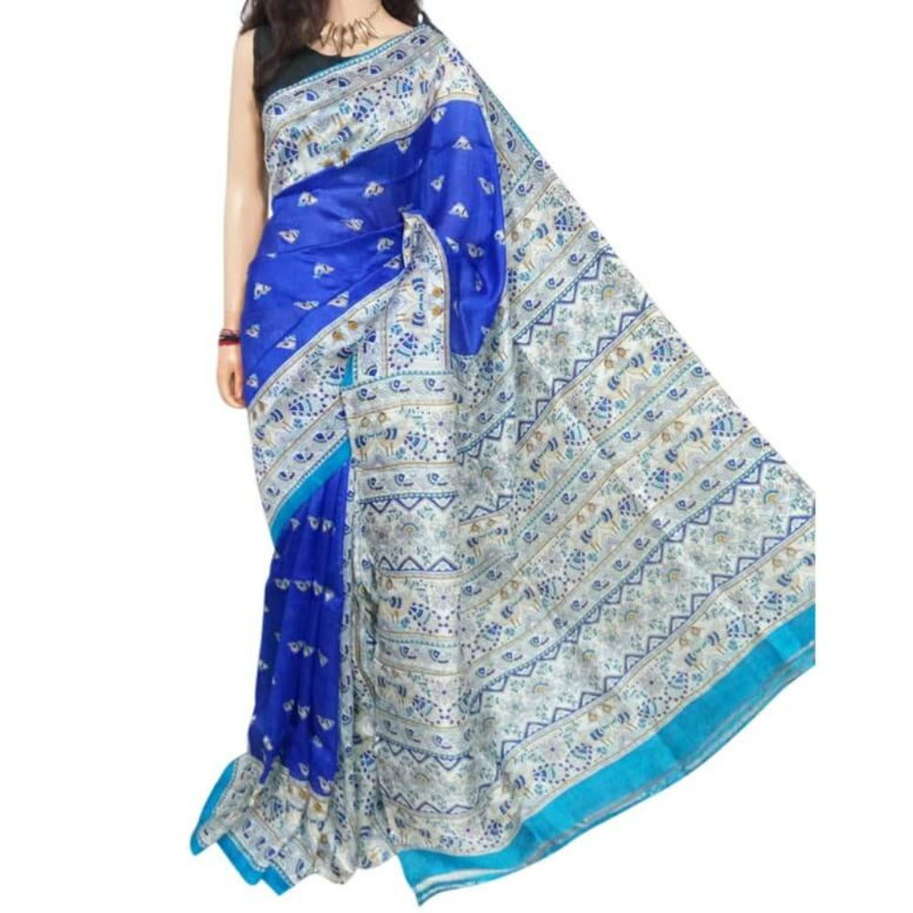 Murshidabad Silk Saree with Fine Block print - Blue 