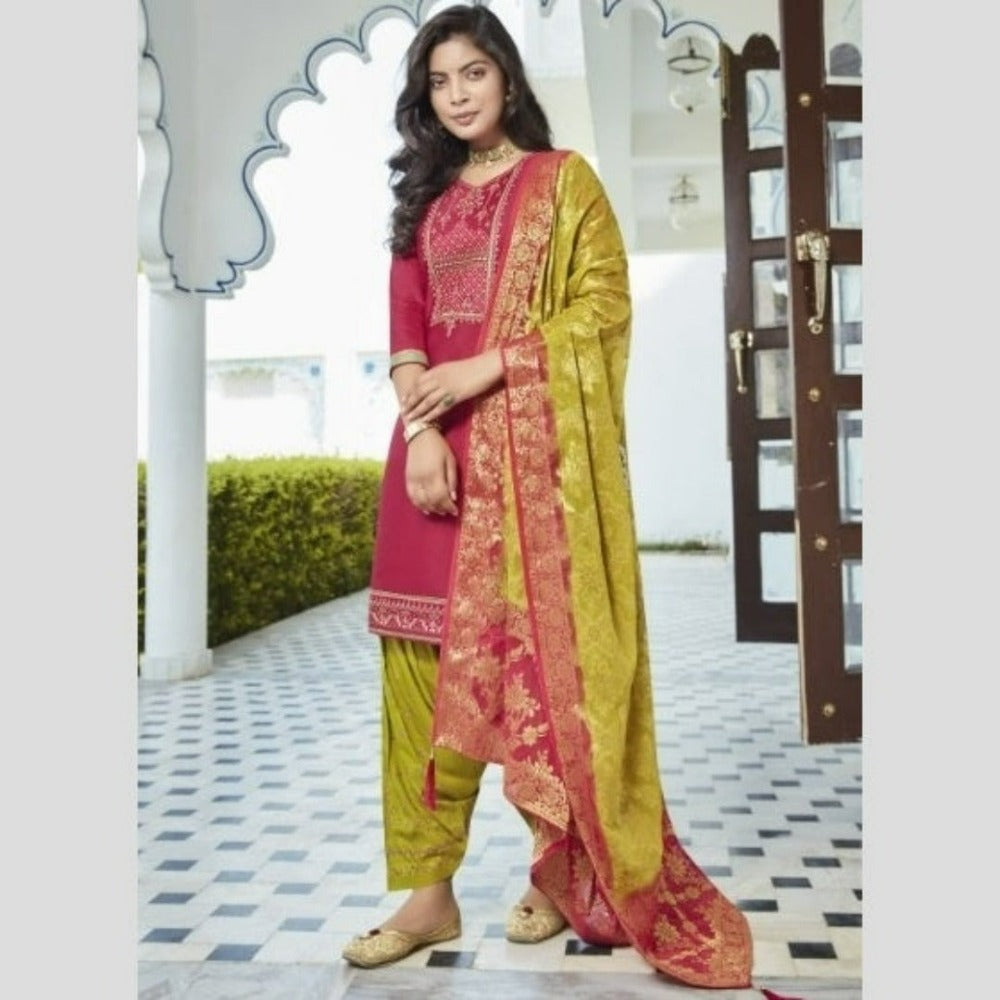Cotton Silk Patiala Suit with Benarasi Dupatta - Pink