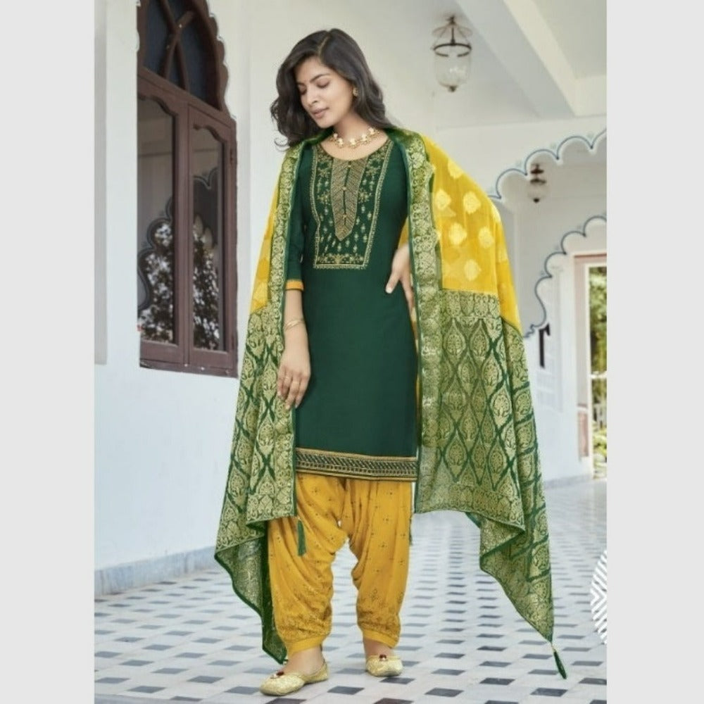 Dark Green Cotton Silk Patiala Suit with contrast Dupatta, Patiala Indian  Dresses