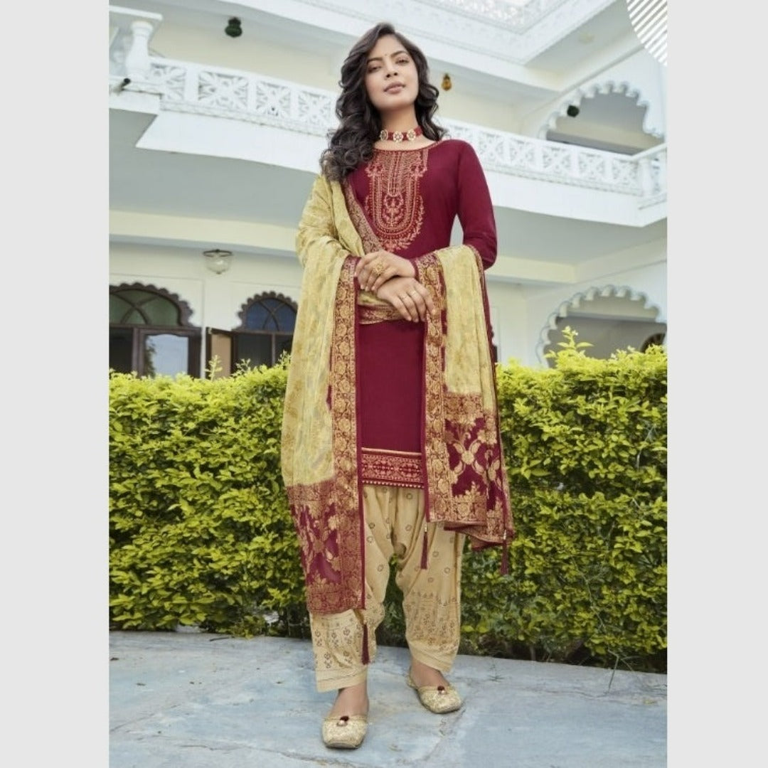 Maroon cotton silk Patiala Suit