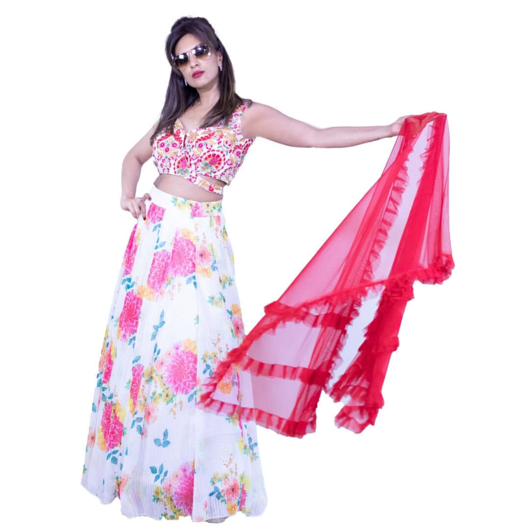 Floral printed lehenga - White and Red