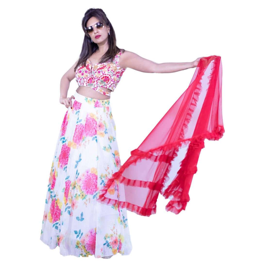 Floral printed lehenga - White and Red