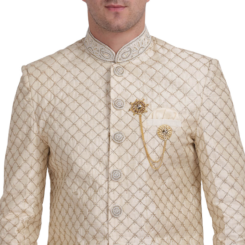 Traditional Sherwani in diamond work on neck and sleeves