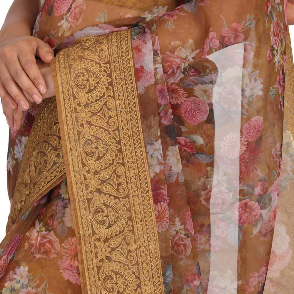 Organza fabric digital print Banarasi Sari - Brown