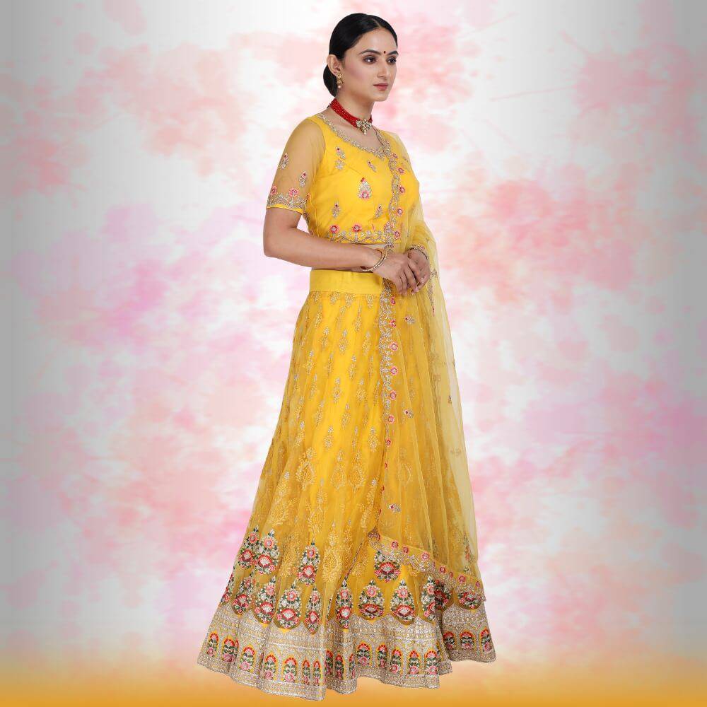 Pure Net Yellow Lehena with multi color embroidery