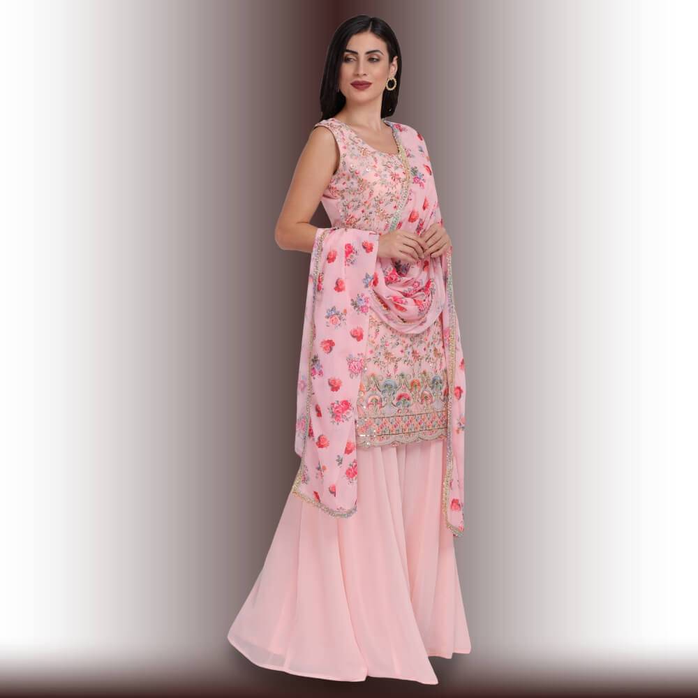 Palazzo Suit with multicolor embroidery - Baby Pink Media 1 of 5