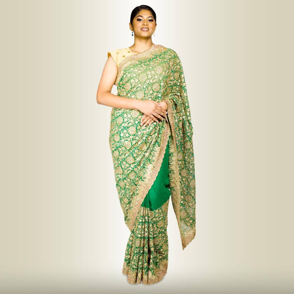 Indian Sari Dress with Gold Embroidery - Green | Party Wear Saree