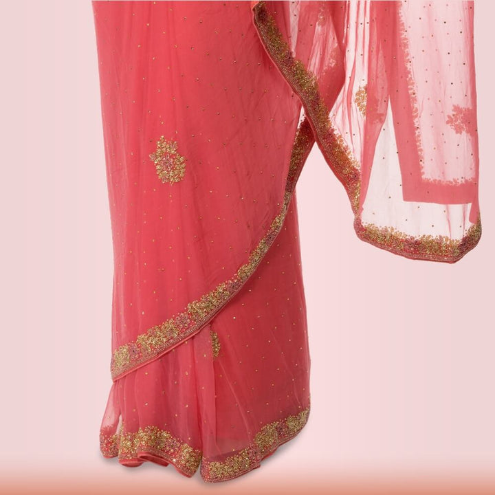 Pure Chiffon bead-work saree - Pink