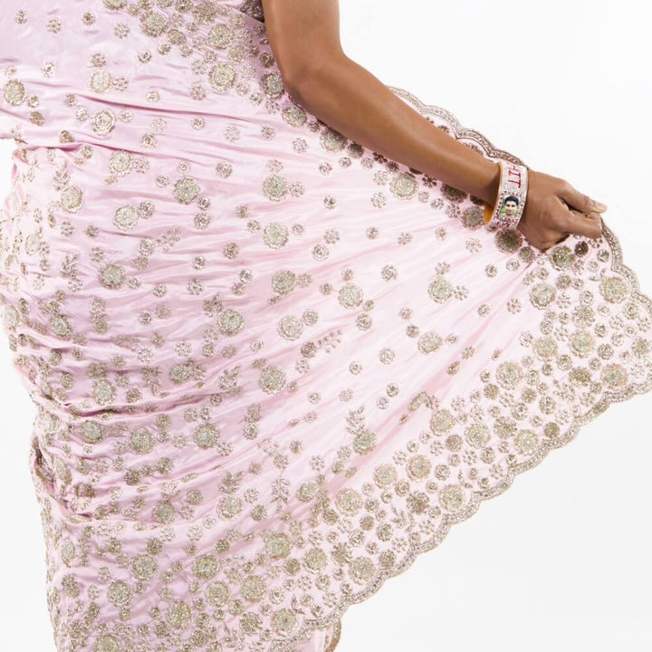 Satin Silk saree with bead work embroidery -  Pink