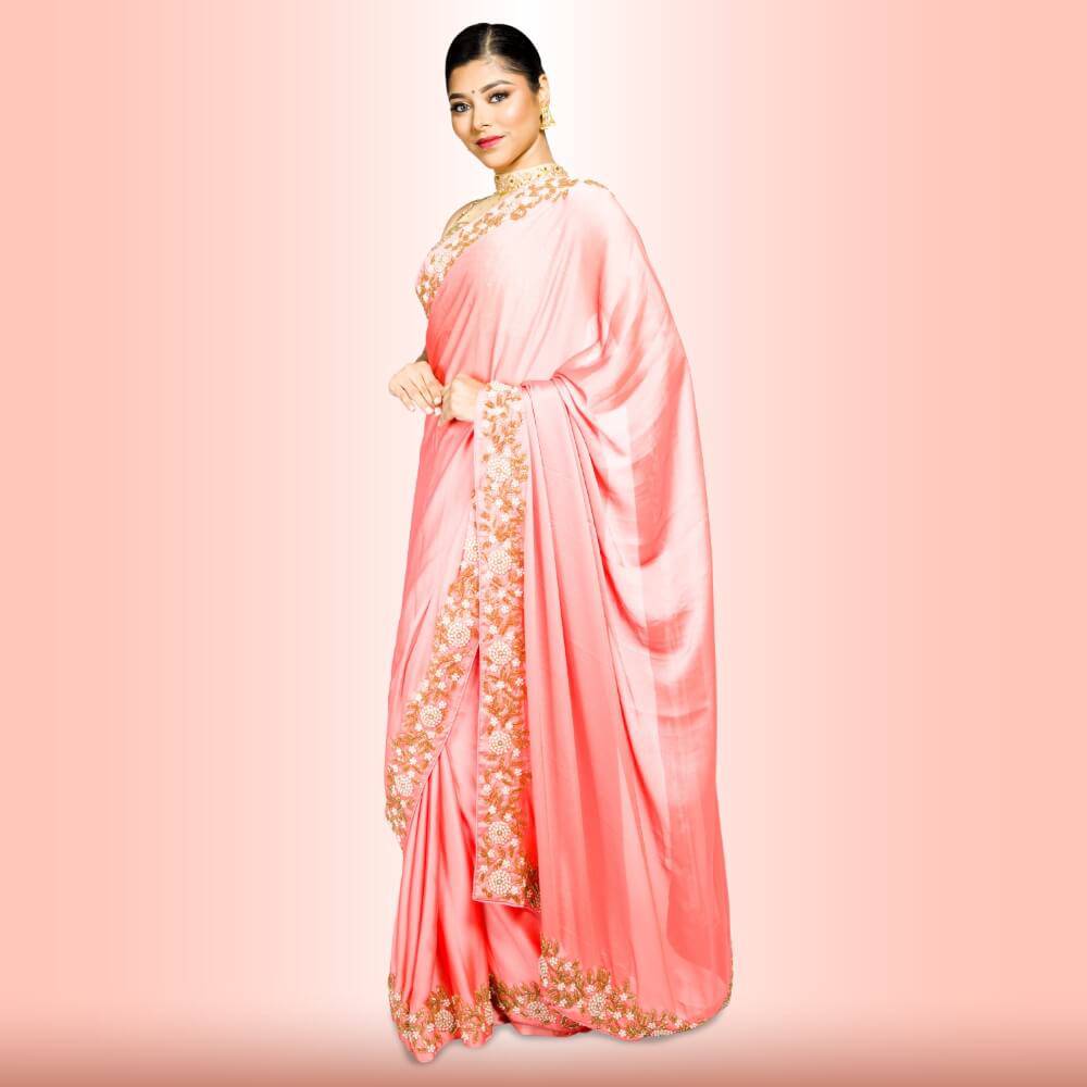Pure satin hand embroidered saree