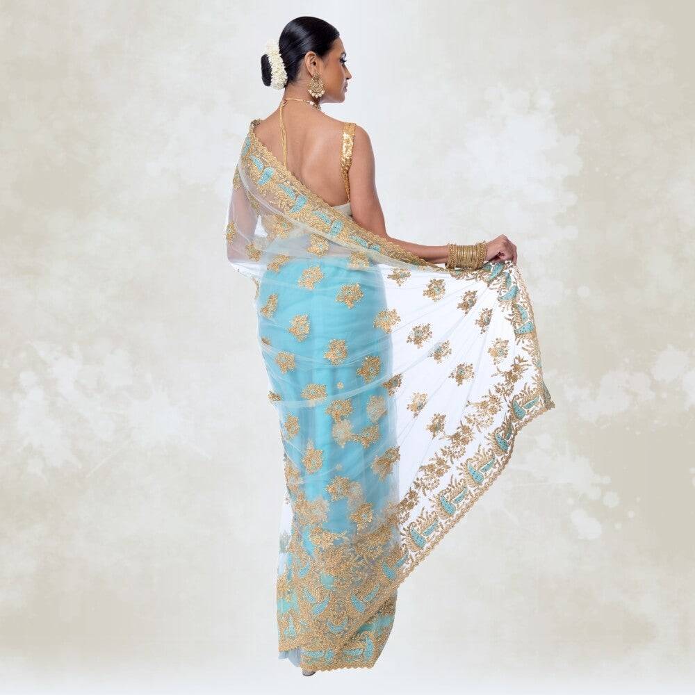 Sea Green Pure net saree embroidery all over