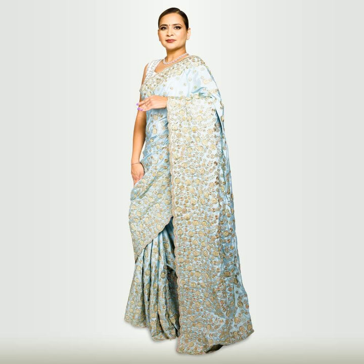 Satin Silk saree with beadwork embroidery - Sky Blue