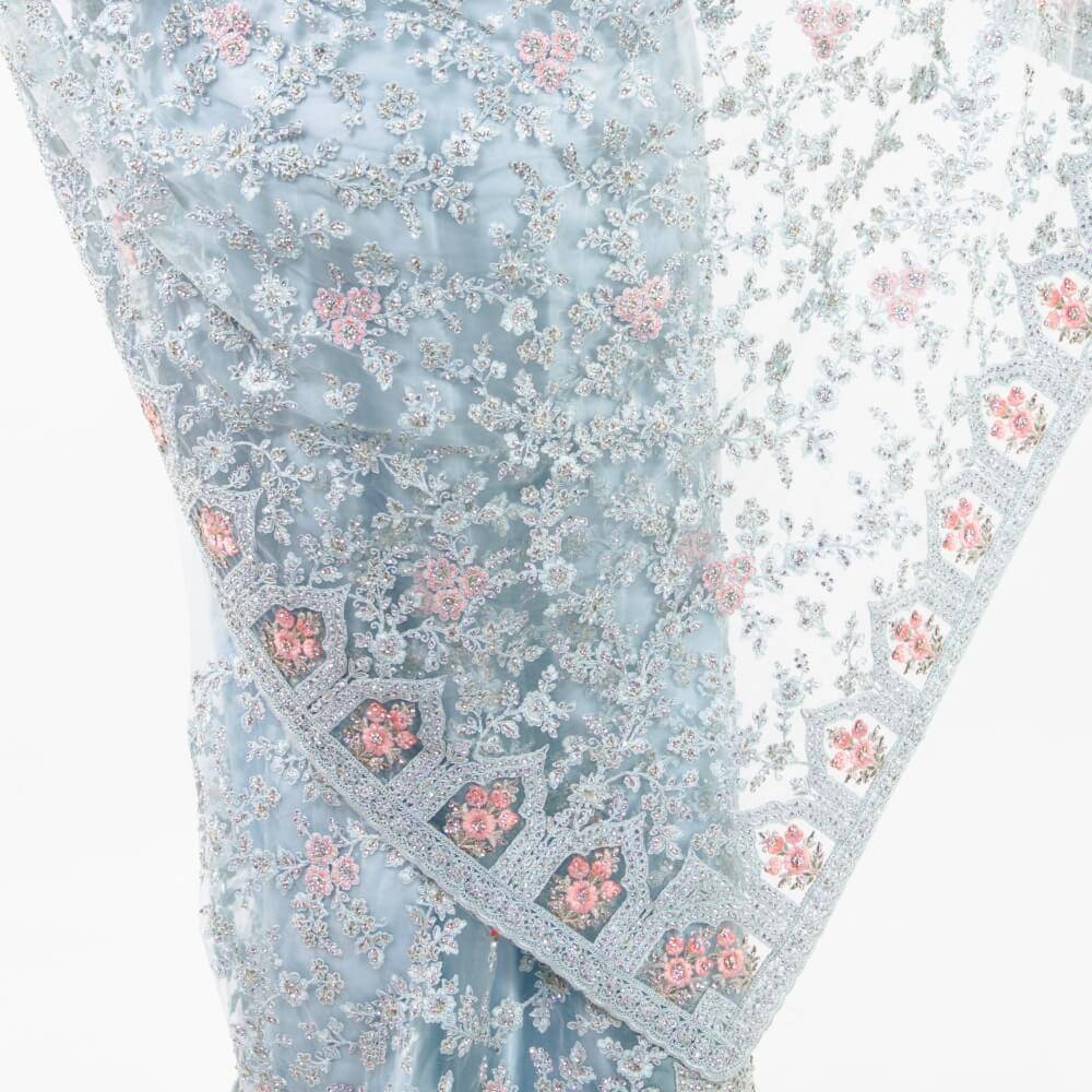 Pure net saree with heavy embroidery - Sky Blue