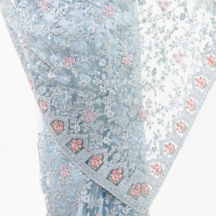 Pure net saree with heavy embroidery - Sky Blue