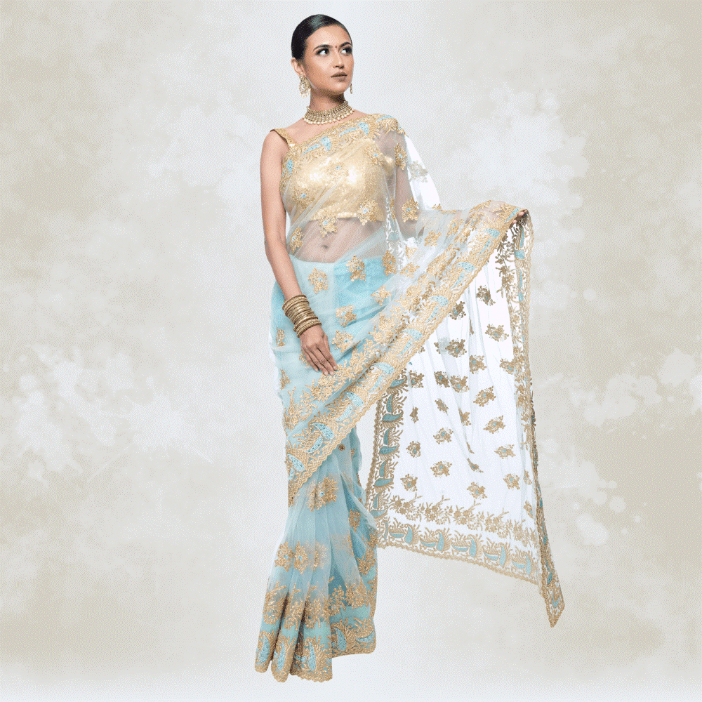 Sea Green Pure net saree embroidery all over