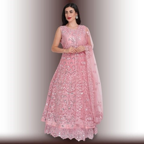 Mirror Work Gown Dress - Baby Pink 