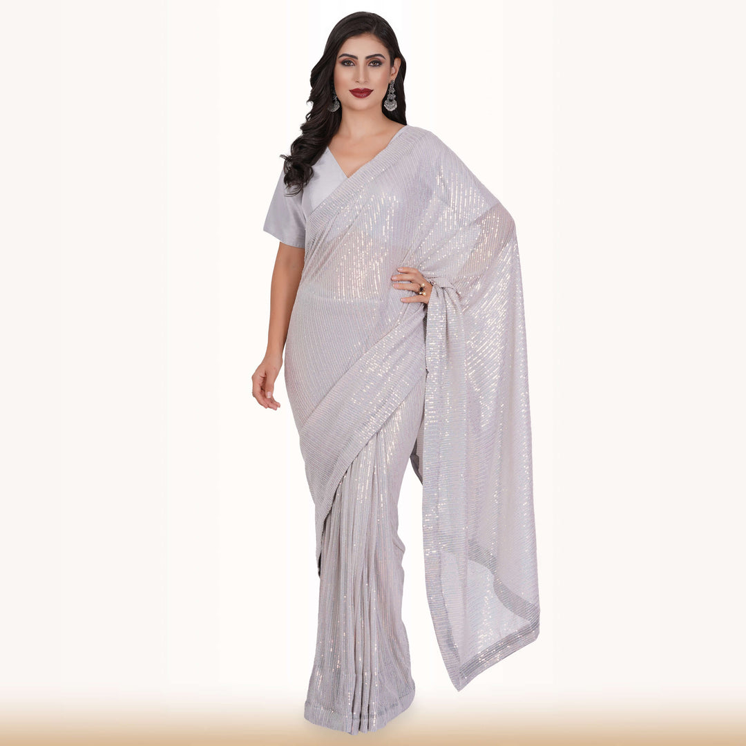 Ready Made Sequin Saree - Ash