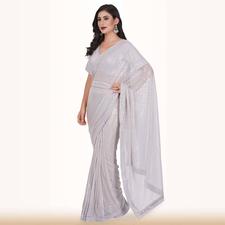 Ready Made Sequin Saree - Ash