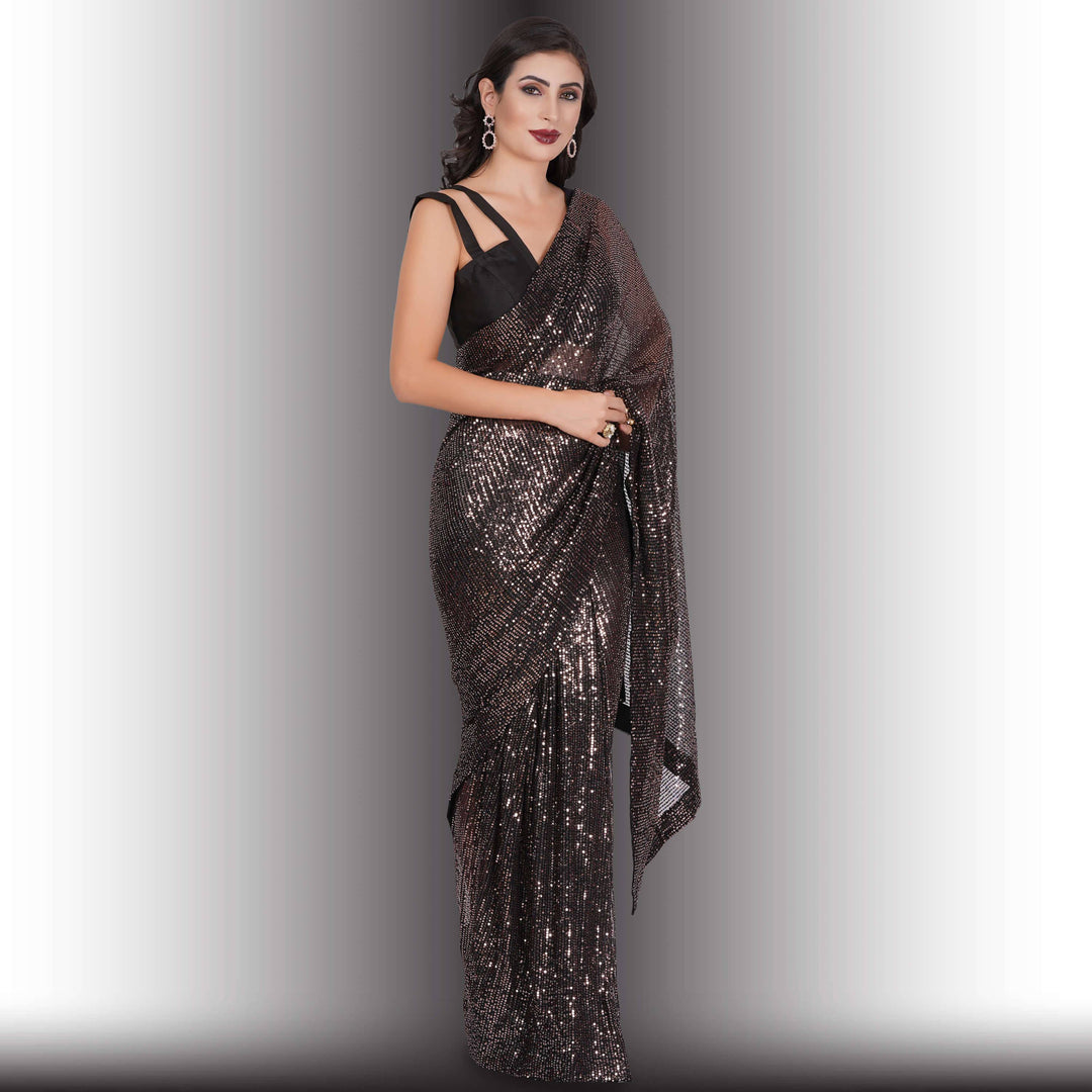 One Minute Saree - Black with White Sequins