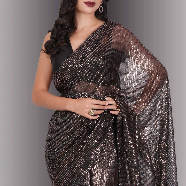 One Minute Saree - Black with White Sequins