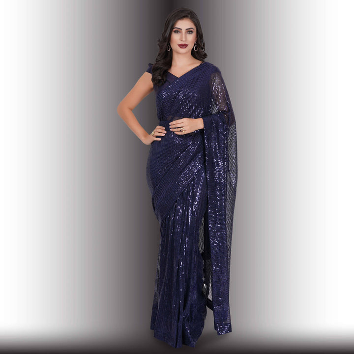 One Minute Sequin Saree - Navy Blue