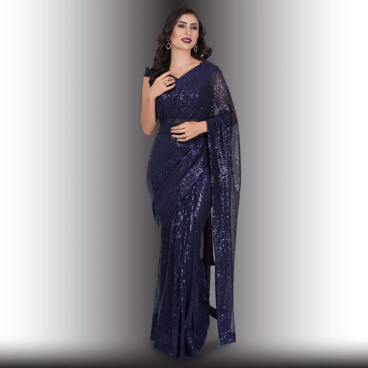 One Minute Sequin Saree - Navy Blue