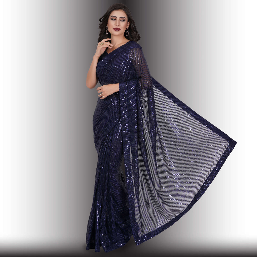 One Minute Sequin Saree - Navy Blue