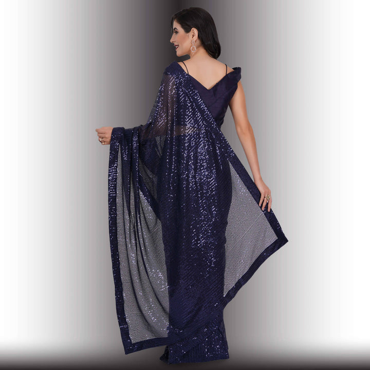 One Minute Sequin Saree - Navy Blue - Chiro's By Jigyasa