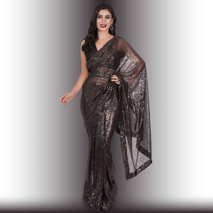 One Minute Saree - Black with White Sequins