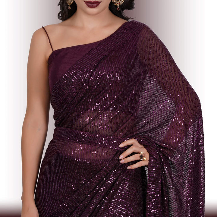 Sequin Work One Minute Saree - Wine