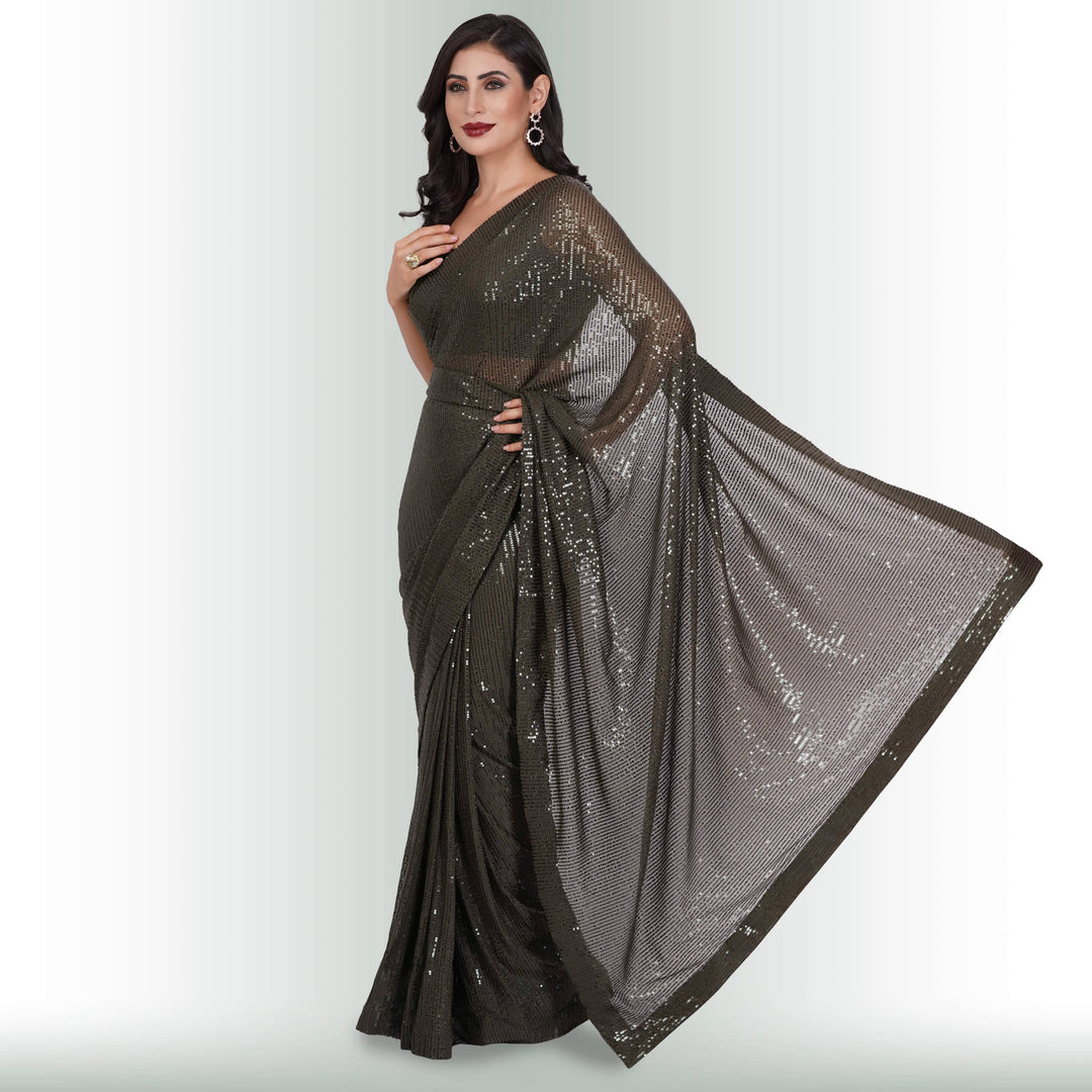 Sequin ReadyMade Saree - Moss