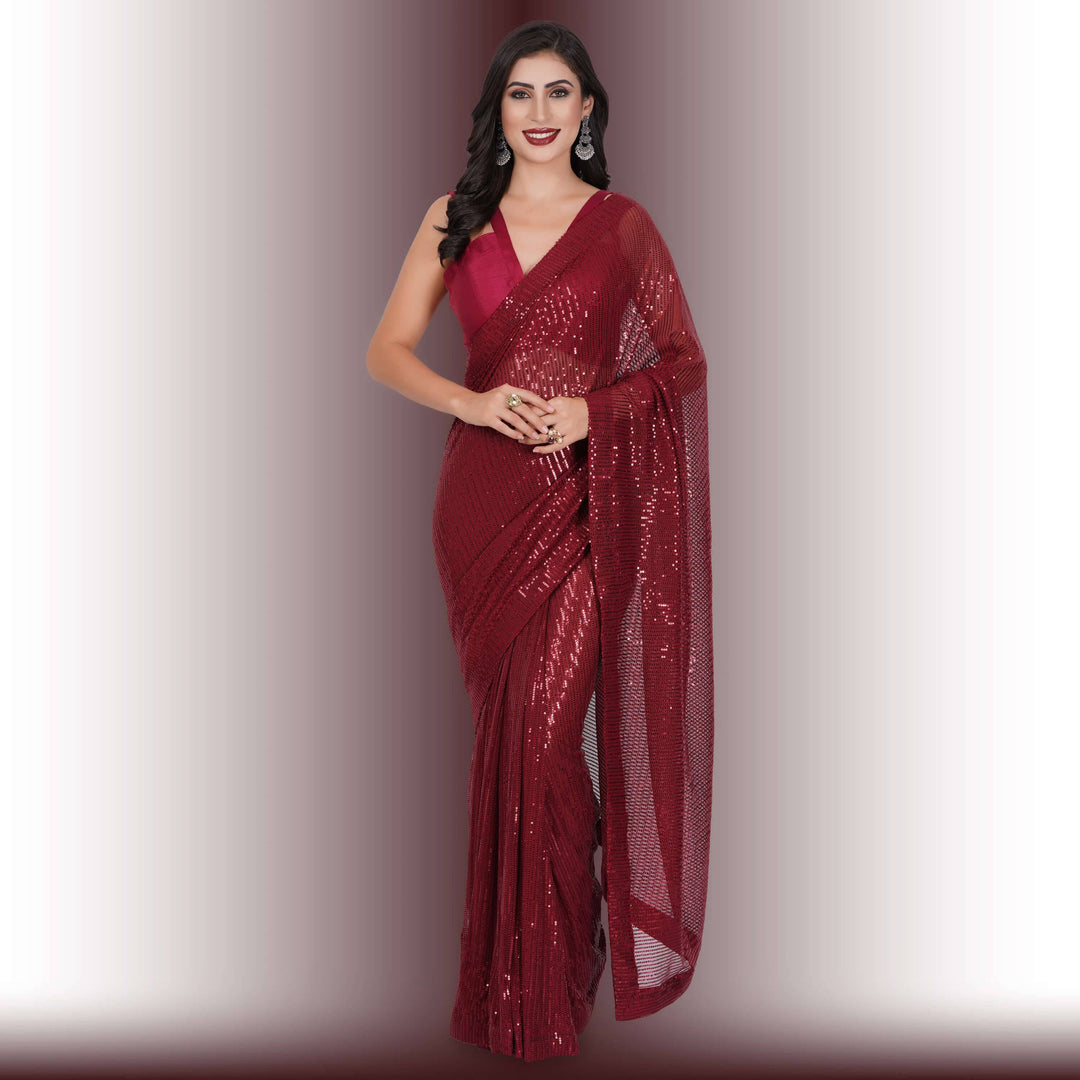 Readymade Sequin Saree - Red