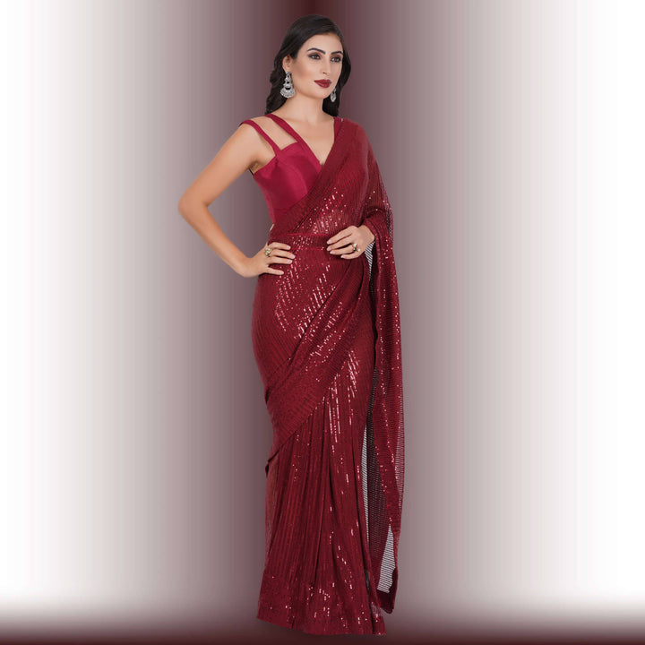 Readymade Sequin Saree - Red