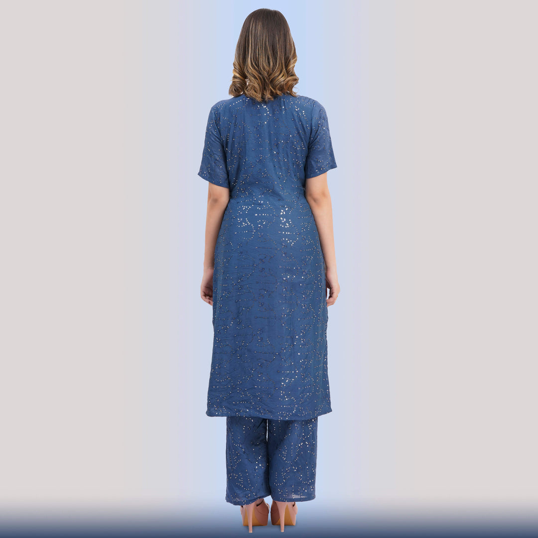 Blue Sequin Suit & Vibrant Printed Dupatta - Chiro's By Jigyasa