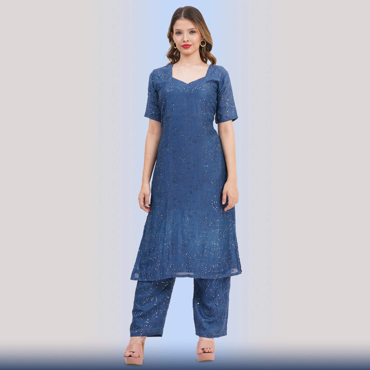 Blue Sequin Suit & Vibrant Printed Dupatta - Chiro's By Jigyasa