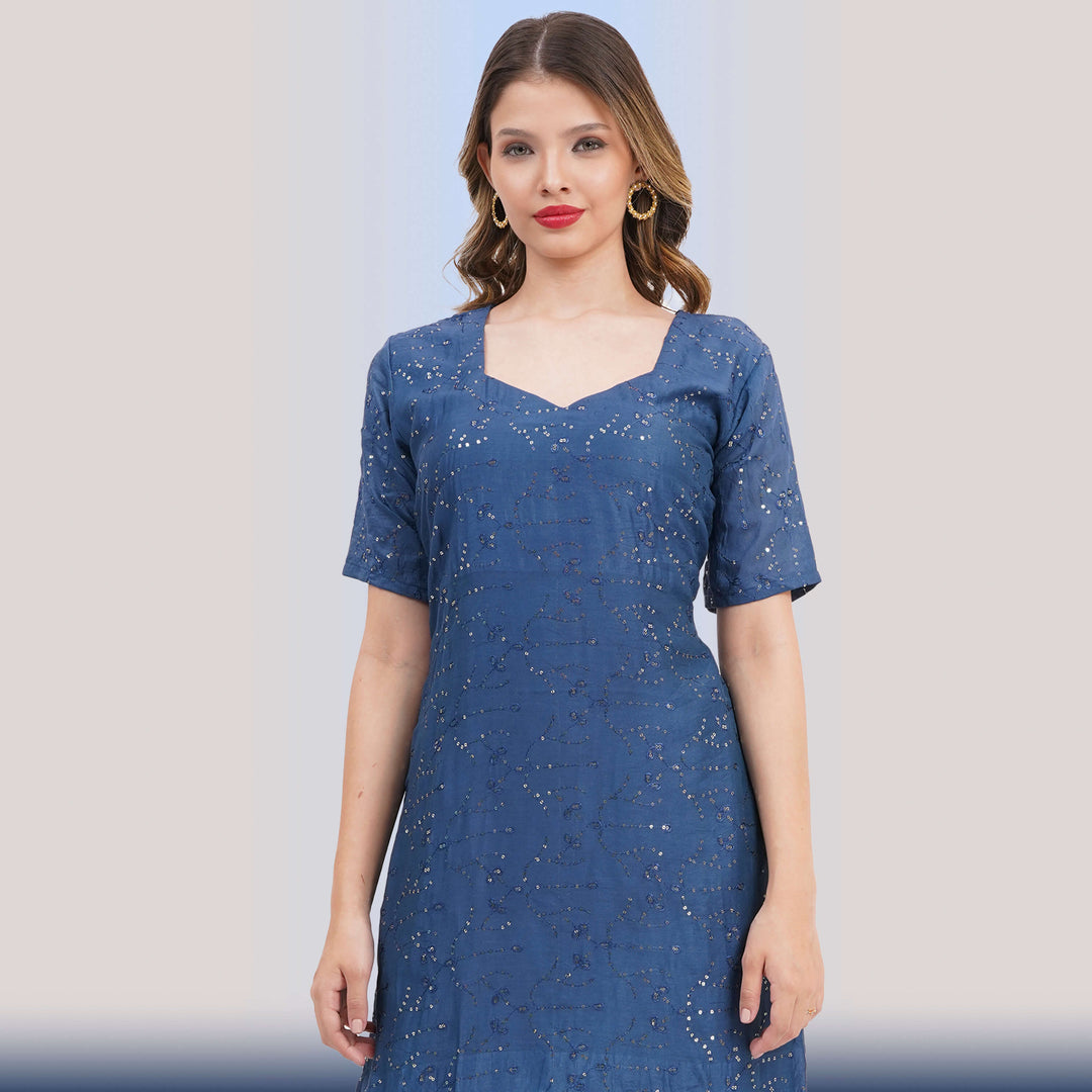 Blue Sequin Suit & Vibrant Printed Dupatta - Chiro's By Jigyasa