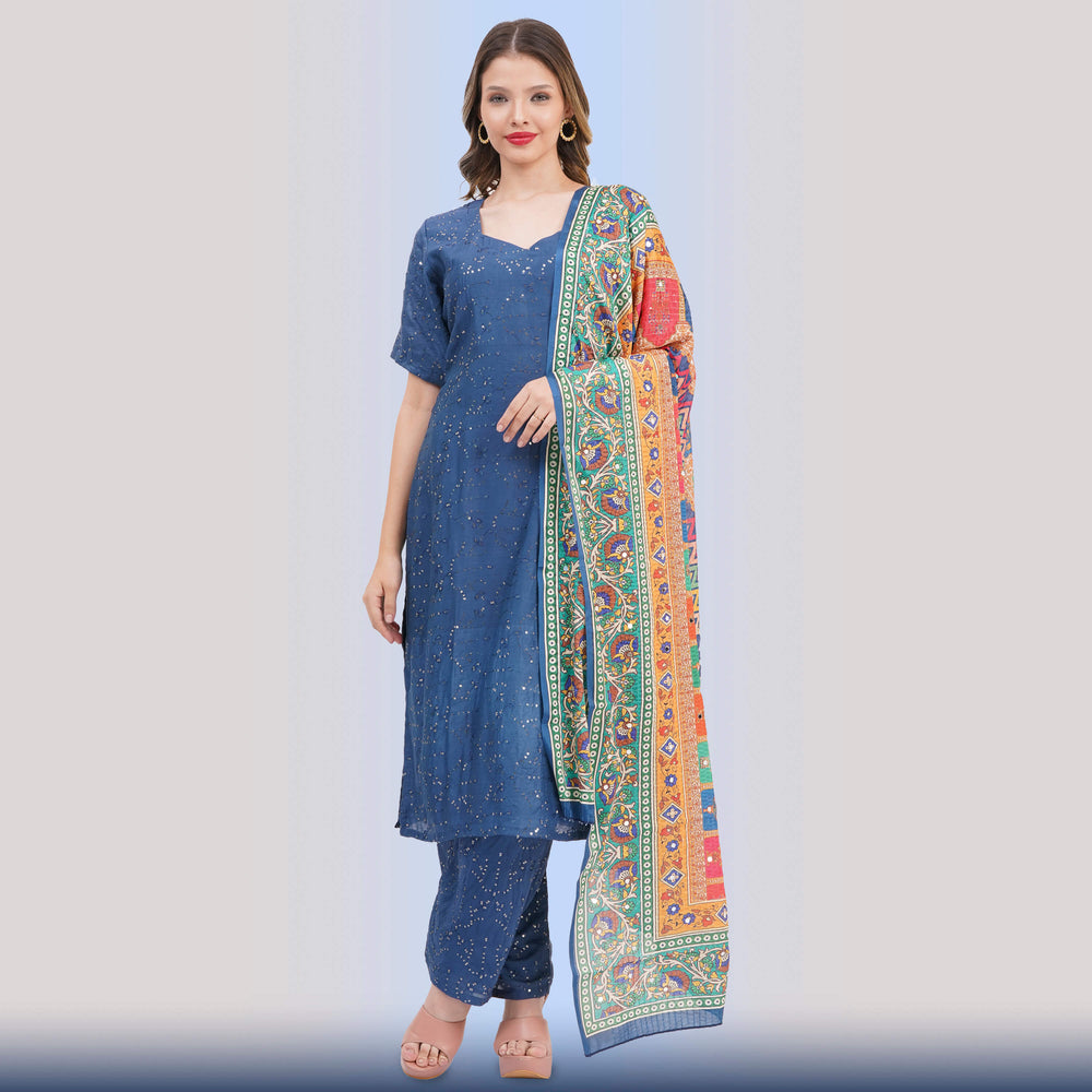 Blue Sequin Suit & Vibrant Printed Dupatta - Chiro's By Jigyasa